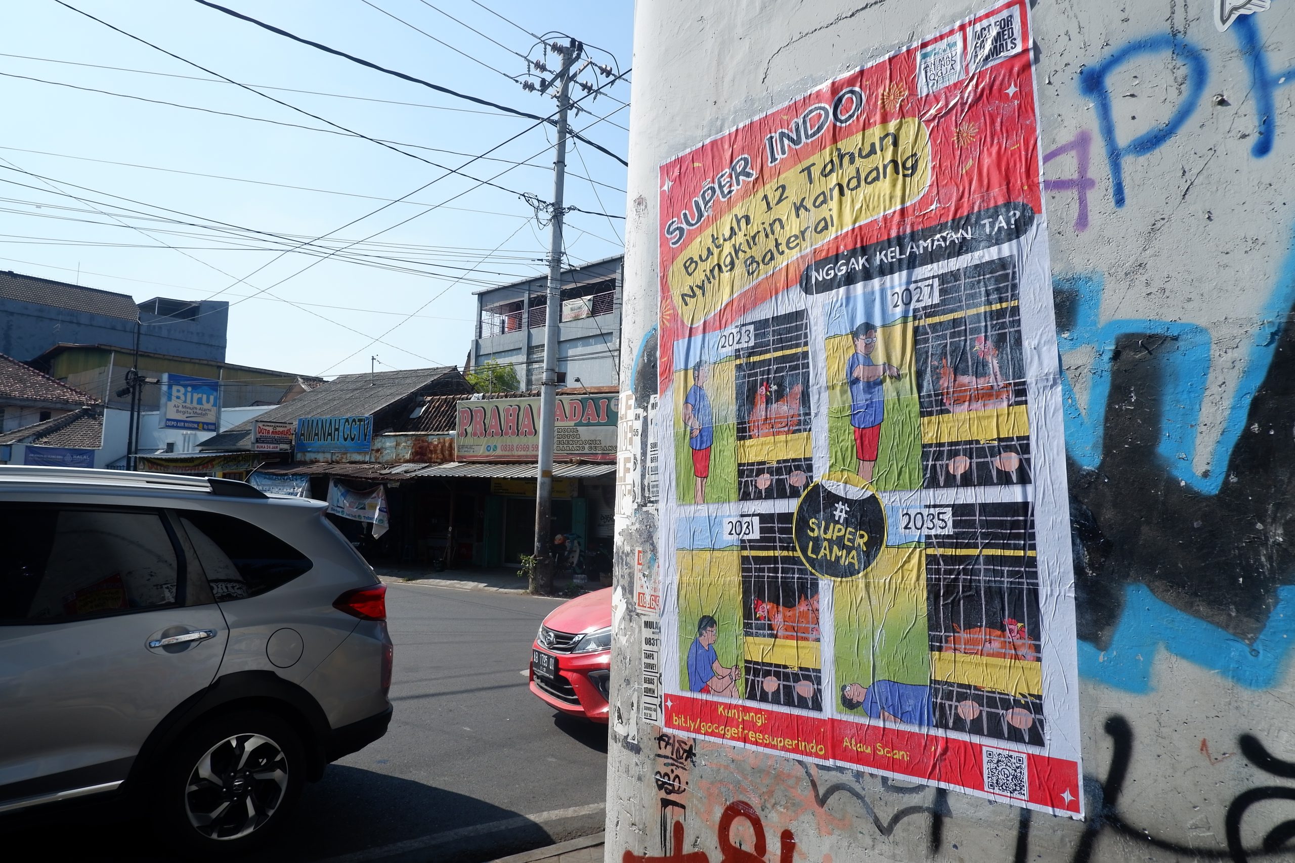 Desak Super Indo Persingkat Komitmen Telur Bebas Kandang Baterai, Animal Friends Jogja Lakukan Kampanye Lewat Billboard serta Aksi Bersepeda & Menempel Poster